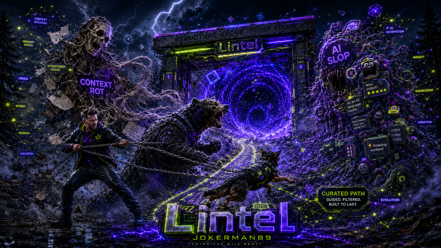 A neon Lintel gateway with a clear path between the monsters of context rot and AI slop